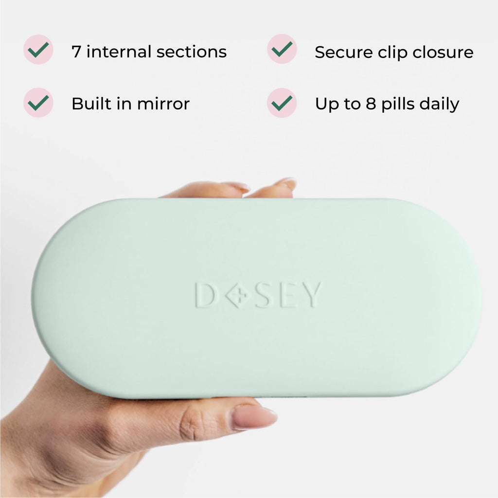 Dosey Compact Travel Pill Organizer - Pill Case with 7 Compartments for Medicine Storage & Protection – Stylish & Elegant Medication Organizer with Mirror, Sage