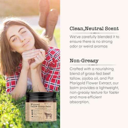 Beef Tallow and Honey Balm for Skin: Grass Fed Whipped Beef Tallow With Honey Face Body Moisturizer 4oz - Organic Unscented Fast Absorption Tallow Cream Infused with Manuka Honey Beeswax Olive Oil