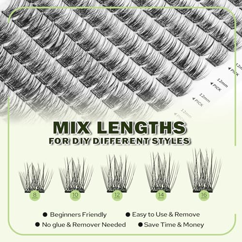 Self Adhesive Lash Clusters 156PCS No Glue Needed Self Adhesive Eyelashes 8-16mm Mix Self Stick Eyelash Clusters Pre-Glued 0.07mm Thickness One-Step Cluster Lashes Press on Lashes