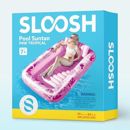 SLOOSH Inflatable Tanning Pool Lounger Float, 70" x 46" Pool Floats Adult with Pillow, 4 in 1 Suntan Tub Raft Floatie,Sunbathing Bed Lounge for Water Blow Up Kids Ball Pit Party Gifts, L-Hot Pink