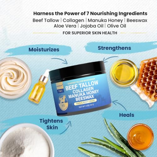 Beef Tallow For Skin, Organic Grass-Fed Beef Tallow Balm with Aloe Vera, Jojoba Oil, Manuka Honey, Olive Oil, Beeswax & Collagen, Natural Moisturizer Face, Body, Lips, Hydrates Dry, Cracked Skin, 5oz