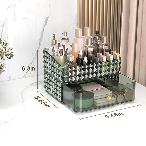 Makeup Organizer for Vanity, Stackable Cosmetics Organizer and Storage, Cosmetic Display Cases with 1 Drawers and 1 Tray for Makeup Brush, Hair Accessories, Lipstick and Jewelry, Green