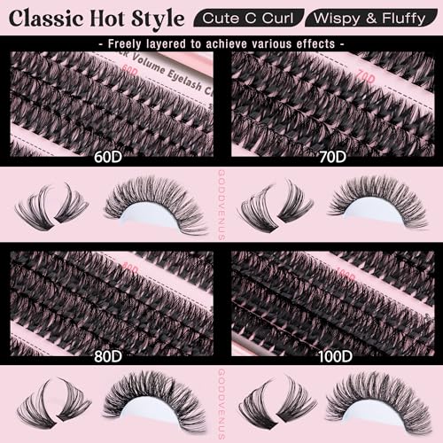 Eyelash Clusters Kit 60+70+80+100D Individual Lashes 320Pcs 12-18mm Lash Extension Kit Wispy Eyelash Extension Kit Fluffy Volume Waterproof Cluster Eyelash Extensions Kit