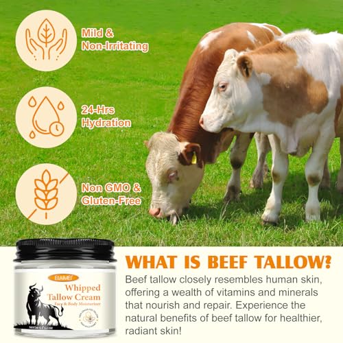 Beef Tallow for Skin, Tallow Face Moisturizer, Natural Grass-Fed Grass Finished Beef Tallow and Honey Balm Deeply Moisturizing for Face & Body, 2.1 oz