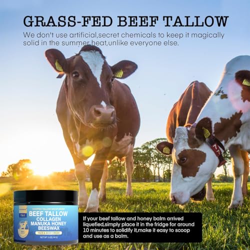 Beef Tallow For Skin, Organic Grass-Fed Beef Tallow Balm with Aloe Vera, Jojoba Oil, Manuka Honey, Olive Oil, Beeswax & Collagen, Natural Moisturizer Face, Body, Lips, Hydrates Dry, Cracked Skin, 5oz