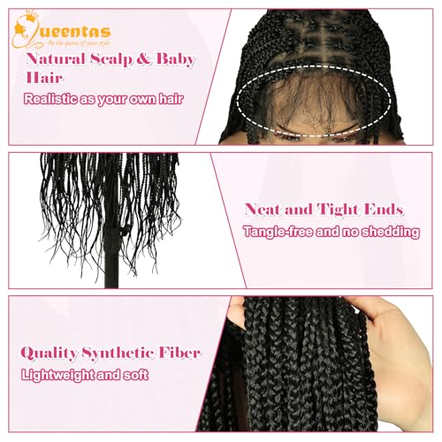 QUEENTAS 40" Lace Front Braided Wigs Box Boho Braids Wig for Black Women Faux Locs Wig with Baby Hair Natural Black Long Pre Braid Dreadlock wig