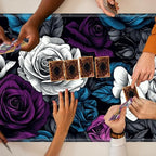 Playmats for Magic: The Gathering MTG Card Game Mat Plus 50 Pcs Card Sleeves, 24 x 14 inch TCG Mat with Stitched Edge for Commander Deck Duskmourn Board Game, Blue White Purple Roses