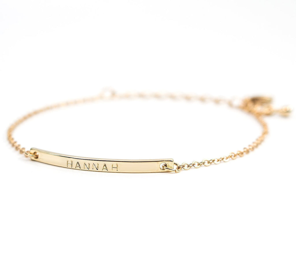 Petite Boutique 16K Gold Your Name Bar Bracelet Personalized gift Gold Plated bar Delicate Hand Stamp Best bridesmaid Wedding Graduation Gift