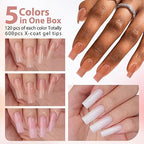 BTArtbox Gel Nail Tips Long Square - Press On Nails 600pcs 5 Colors XCOATTIPS Natural Fake Nails with Pre-applied Tip Primer Cover,Pre-colored 15 Sizes Soft Gel False Nails for Nail Art DIY