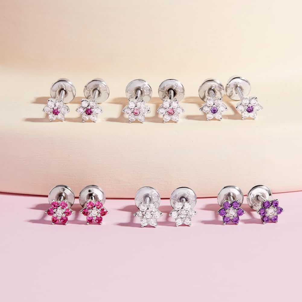 In Season Jewelry CZ Flower Kids Earrings - 925 Sterling Silver Hypoallergenic Earrings for Girls with Secure Screw Backs - Safe & Comfortable for Toddlers, Kids & Little Girls, Clear & Pink