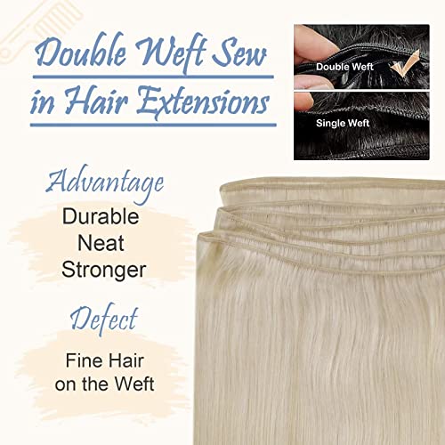 Easyouth Sew In Human Hair Extensions Blonde Hair Extensions Sew In Weft Hair Extensions Color Platinum Blonde Hair Extensions Sew in Weft Extensions Bundles 12 Inch 70G