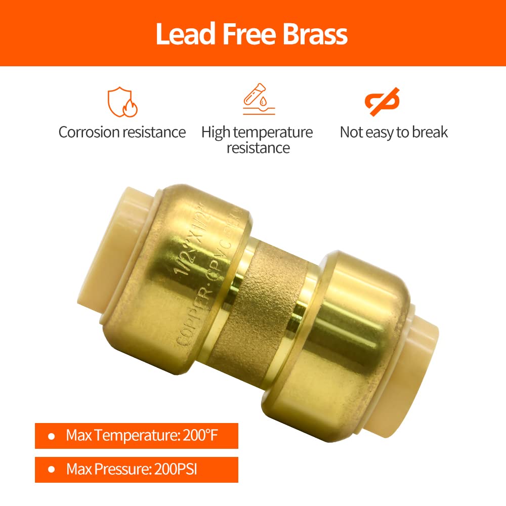 2 Pack Push-to-Connect Plumbing Fittings, 1/2" Pushfit Straight Fittings with Disconnect Clip for Copper, PEX, CPVC Pipe