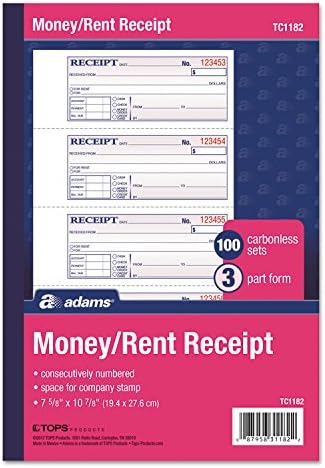 Adams TC1182 Receipt Book, 7 5/8 x 11, Three-Part Carbonless, 100 Forms