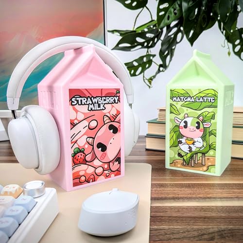 Milk Carton Headphone Stand - Universal Headset Holder - Cute Headphone Stand Hanger - Kawaii Desk Accessories - Pink Gaming Setup - Sturdy Desk Headset Mount (Oat Milk)
