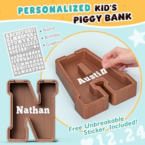 Summidate Wooden Letter Piggy Bank, Extra Thick Large Capacity Piggy Bank for Kids Boys Girls Toddler, Alphabet N Money Bank| Coin Box Birthday, Christmas, Festival