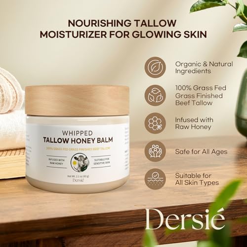 Beef Tallow for Skin with Honey Organic: 100% Grass-Fed Whipped Beef Tallow Balm for Deep Hydration, Skin Barrier Repair, Soothing - Tallow Moisturizer for Face & Body for Women, Men & Kids (2.1 oz)