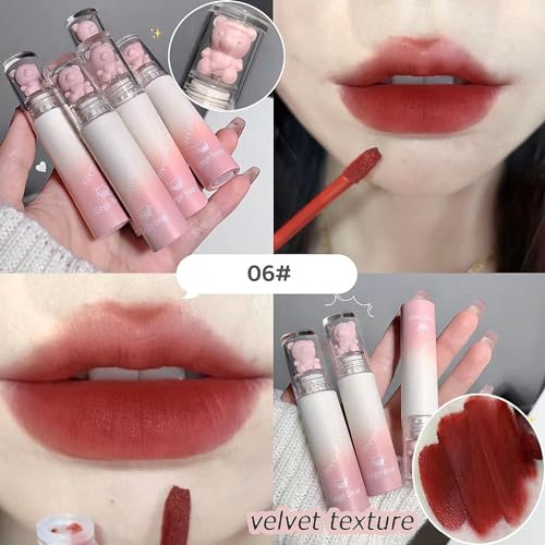6pcs Pink Bear Matte Lip Gloss, Cute Bear Liquid Lipstick Lip Stain Long Lasting Waterproof Smooth Lip Gloss Lip Glaze Mud Texture Lightweight High Pigment Color Makeup