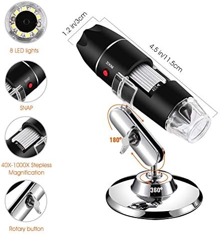 40 to 1000x Magnification Endoscope, 8 LED USB 2.0 Digital Microscope, Mini Camera with OTG Adapter Metal Stand, Compatible with Mac Windows 7 8 10 11 Android Linux Chrome Not for iPhone/iPad