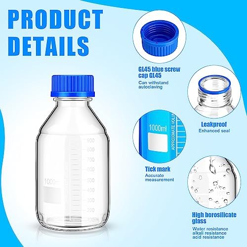 Irenare 8 Pieces Media Storage Bottles Borosilicate Storage Glass Scientific Round Graduated Media Bottle with Blue Gl45 Screw Cap for Lab Water Reagent Liquids(1000 ml)
