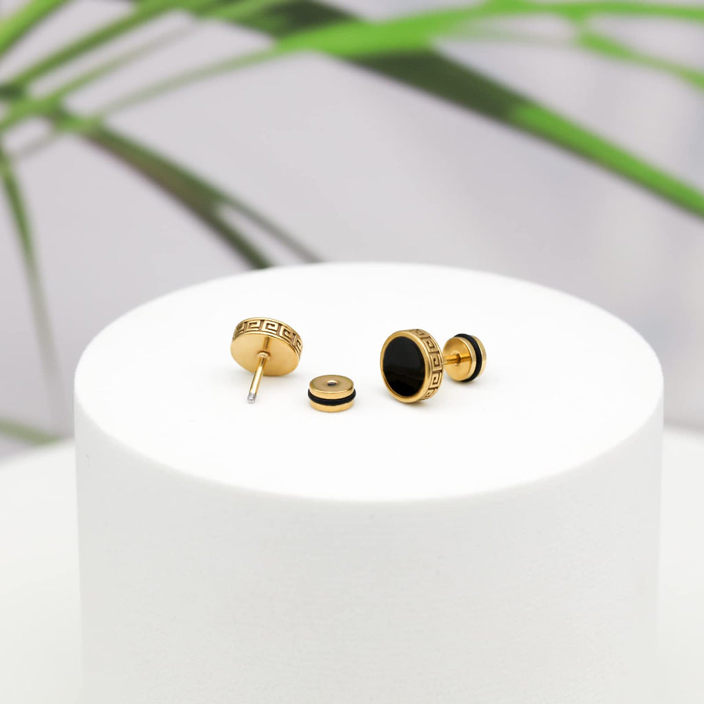 2026 Upgraded Hypoallergenic earrings for men,Mens surgical steel black stud earring jewelry,Great Wall wall grain round cake shape,Single black gel 0.4 inches wide