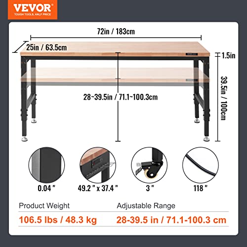 VEVOR Workbench for Garage 72" Adjustable Workbench, Heavy-Duty Hardwood Worktable with Universal Wheels, 3000 LBS Load Capacity, with Power Outlets, for Workshop, Garage, Office and Home