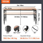 VEVOR Workbench for Garage 72" Adjustable Workbench, Heavy-Duty Hardwood Worktable with Universal Wheels, 3000 LBS Load Capacity, with Power Outlets, for Workshop, Garage, Office and Home