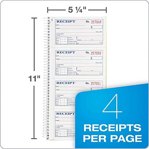 Adams Money and Rent Receipt Book, 2-Part Carbonless, 5-1/4" x 11", Spiral Bound, 200 Sets per Book, 4 Receipts per Page, Sold as 5 Pack, 1000 Sets Total (SC1152)