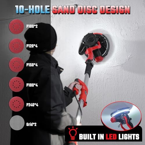 Drywall Sander, Electric Drywall Sander with Vacuum Dust Collection 7.33-Amp 880W, Floor Sanders 5 Variable Speed 1000-2100RPM with LED Light, 18Pcs Sanding Discs & 2Pcs Grid Sandpaper, Dust Mask—Red