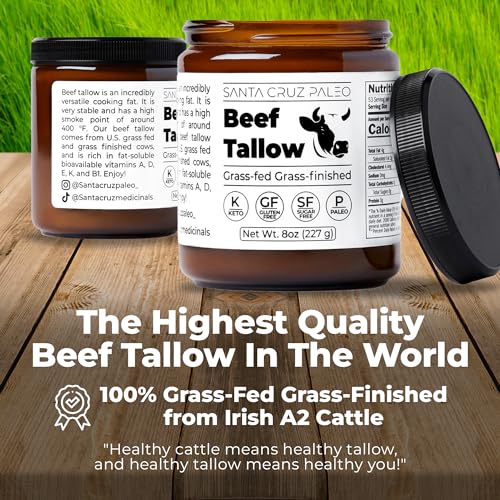 Santa Cruz Paleo Beef Tallow for Skin Care & Cooking, 100% Grass Fed and Finished, Gluten Free, Keto, Sugar Free, Paleo, Use as Lip Balm or Moisturizer, With Vitamin D, E, K, B1, A, Fatty Acids, 8 Oz
