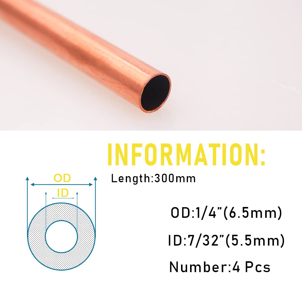 Tynulox 1/4"(6.5mm) OD 99.9% Copper Tube 0.5mm Wall × 300mm Length × 4Pcs, Pure Copper Tubing 110 Copper Seamless Round Tubing for Refrigerator, Jewellery and Industry