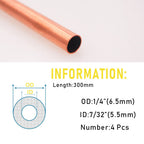 Tynulox 1/4"(6.5mm) OD 99.9% Copper Tube 0.5mm Wall × 300mm Length × 4Pcs, Pure Copper Tubing 110 Copper Seamless Round Tubing for Refrigerator, Jewellery and Industry