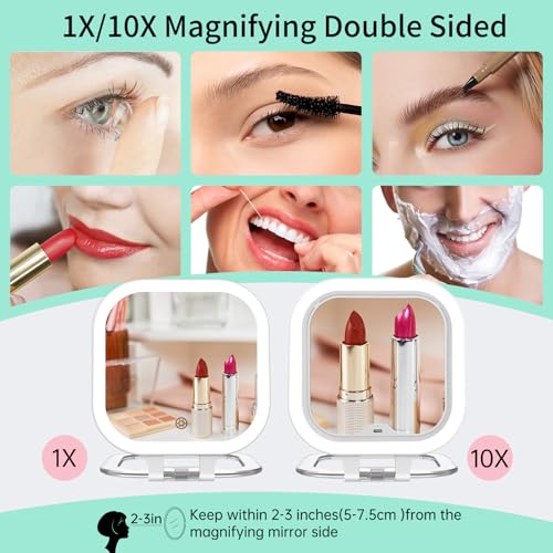 FASCINATE 10X Magnification Rechargeable Travel Makeup Mirror, Lighted Portable Vanity Mirror with 3 Colors Lighting & Stepless Dimming, Double Sided LED Mirror, Gift for Women (White+Bag)
