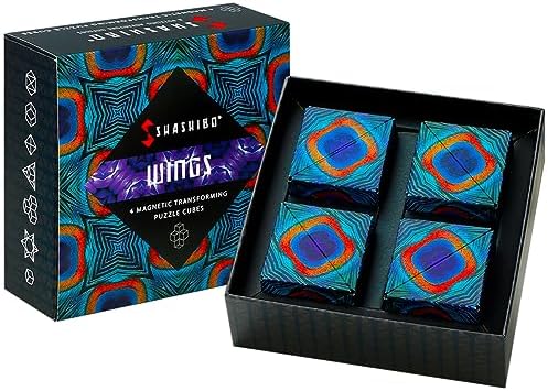 Shashibo Shape Shifting Box - Award-Winning, Patented Fidget Cube w/ 36 Rare Earth Magnets - Transforms Into Over 70 Shapes, Gift Box, Download Fun in Motion Toys Mobile App (Wings, 4 Pack)