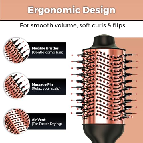 Hair Dryer Brush, 4 in 1 Styling Tools with ION Generator and Ceramic Coating for Fast Drying, Perfect One Step Hair Dryer and Volumizer for All Hair Types, Rose Gold Volumizer