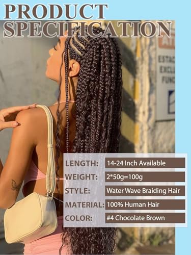 Chocolate Brown Braiding Hair Water Wave 100g 20 Inch Color 4 Bulk Hair for Braiding Deep Wave Bundles 12A Brazilian Virgin Curly Extensions for Boho Braids Wet and Wavy