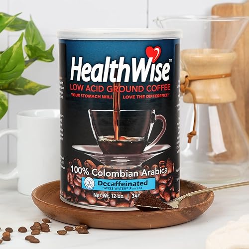 Healthwise Low Acid Decaffeinated Ground Coffee, Chemical-Free Swiss Water Process, 99.9% Caffeine Free, 100% Colombian - Medium Roast, Healthier Coffee for Sensitive Stomachs 12 Ounce (Pack of 1) (1)