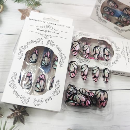 3D Butterfly Wings Press on Nails Green Gradient False Nails Black Curve Line Gel Glue on Nails Medium Almond Glossy Pink Ombre Acrylic Fake Nails Sparkly Powder Stick on Nail for Coquette Women 24Pcs