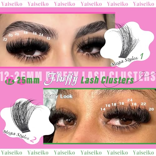 Fluffy Lash Clusters Kit 100D+200D Thick Volume Eyelash Clusters Kit 12-25mm Wispy Individual Lashes D Curl Long Cluster with Lash Bond and Seal Waterproof DIY Lash Extension Kit at Home (KIT-280PCS)