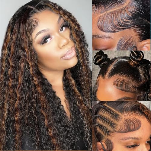P1B/30 Highlight Ombre Lace Front Wig Human Hair Wigs for Women 250% Density 13x6 Deep Wave HD Lace Frontal Wig Pre Plucked P1B/30 Deep Curly Glueless Wigs Human Hair（#P1B/30,30Inch）