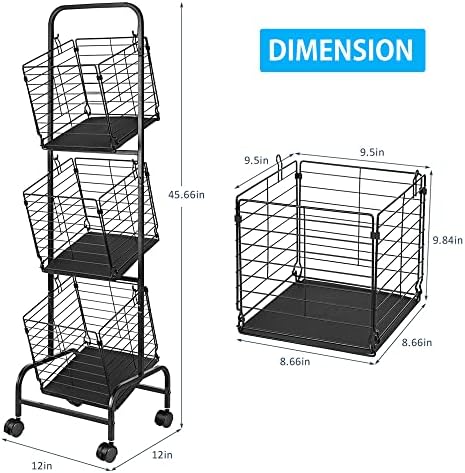 3-Tier Fruit Basket Stand for Kitchen, Wire Market Basket Food Storage Stand with Wheels, Vegetable Produce Pantry Basket Organizer