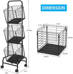 3-Tier Fruit Basket Stand for Kitchen, Wire Market Basket Food Storage Stand with Wheels, Vegetable Produce Pantry Basket Organizer