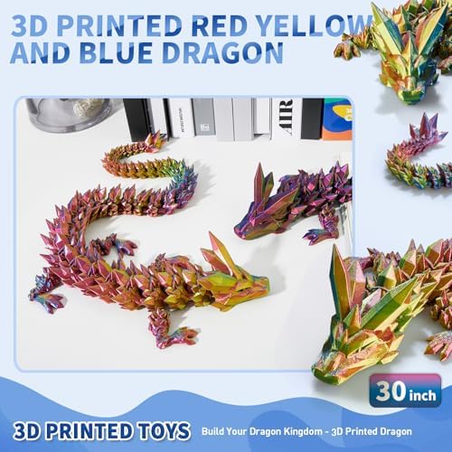 Large 3D Printed Dragon,30 Inch 3D Dragon Toys,Bigger Fidget Crystal Animals Toys, 3D Printed Articulated Animals for Home Office Car Desk Decor (Red Gold Blue, 30 inch)