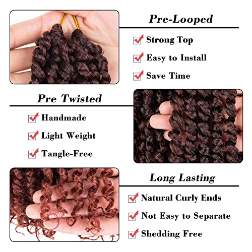 Leeven 8 Packs 10 Inch Ombre Ginger Passion Twist Hair for Women Copper Red Bomb Pre Twisted Water Wave Crochet Braids Hair Pre Looped Curly Bohemian Synthetic Braiding Hair Extensions 12 Strands/Pack