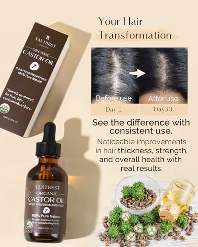 YANIBEST Organic Castor Oil, Cold Pressed Unrefined Glass Bottle, 100% Natural USDA Certified Castor Oil for Hair, Eyelashes, Face, Eyebrows, Scalp & Hair Strengthening Oil for All Hair Types