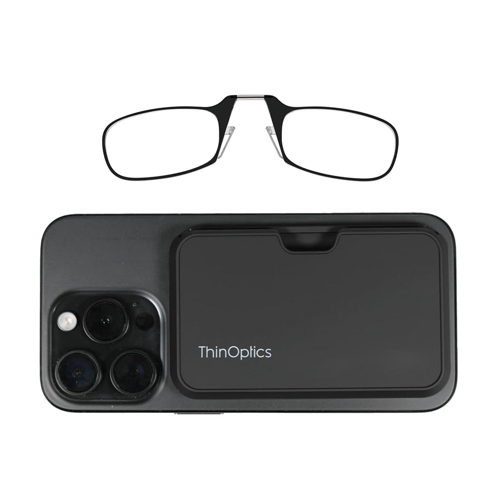 ThinOptics Readers with Magsafe Compatible Case - Armless On-Nose Reading Glasses - Slim Case Attaches to Phone - Black 1.5x