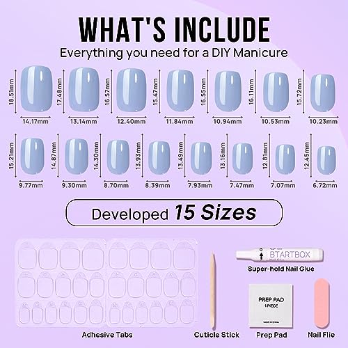 BTArtbox Press On Nails Short - Square Press On Nails, Blue Glossy Nail Tips Glue On Nails with Nail Glue, Reusable Stick On Nails in 15 Sizes - 30 Soft Gel Fake Nails Kit, Ocean Glazed