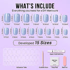 BTArtbox Press On Nails Short - Square Press On Nails, Blue Glossy Nail Tips Glue On Nails with Nail Glue, Reusable Stick On Nails in 15 Sizes - 30 Soft Gel Fake Nails Kit, Ocean Glazed