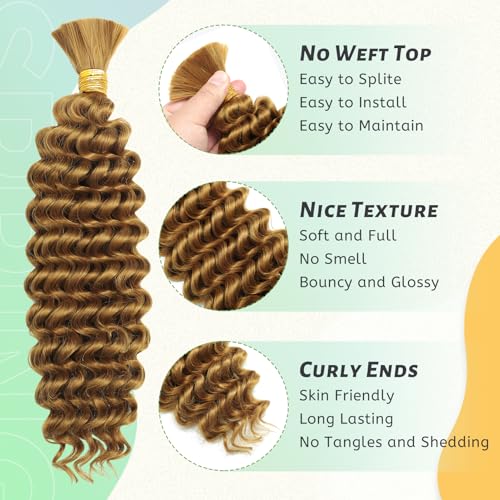 Deep Wave Bulk Braiding Hair for Boho Braids 18 Inch 2 Bundles 200g Honey Blonde Curly Boho Hair for Braiding No Weft Wet and Wavy Hair Extensions (#27)