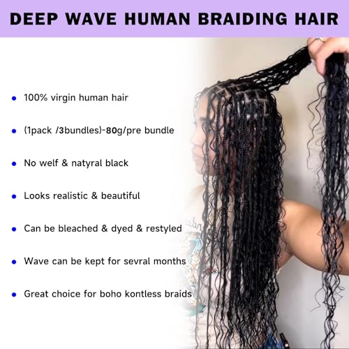 Human Braiding Hair 80g per pack 3 Bundles Deep Wave Human Hair Braiding Hair for Boho Braids 20 22 24 Inch 12A Virgin Hair Extensions for Bohemian Knotless Braids Bulk Human Hair for Braiding