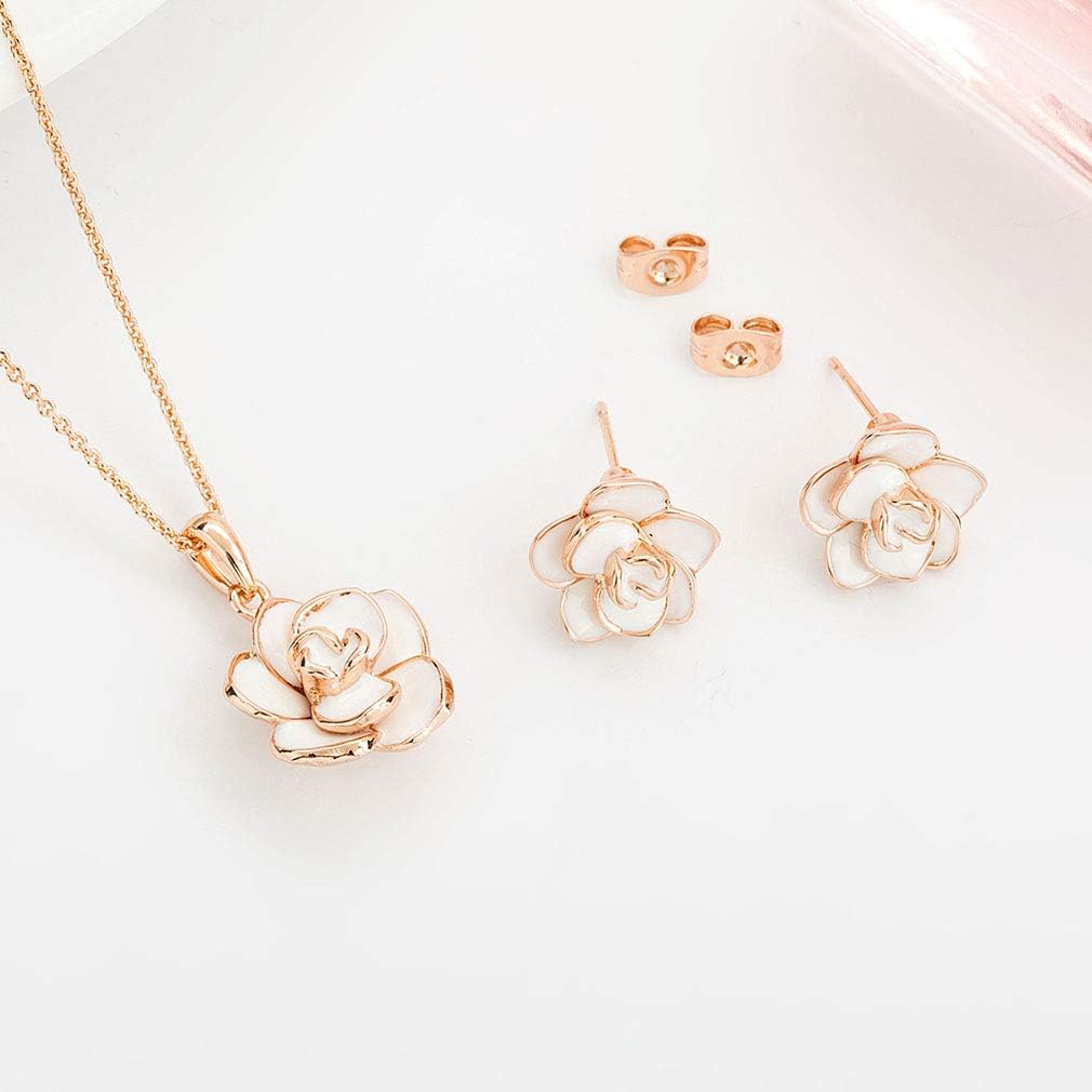 EVEVIC Rose Flower Necklace and Stud Earrings Set for Women,18K Gold Plated